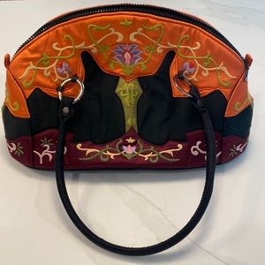Oovoo Orange and black floral hand embroidered silk thread shoulder bag